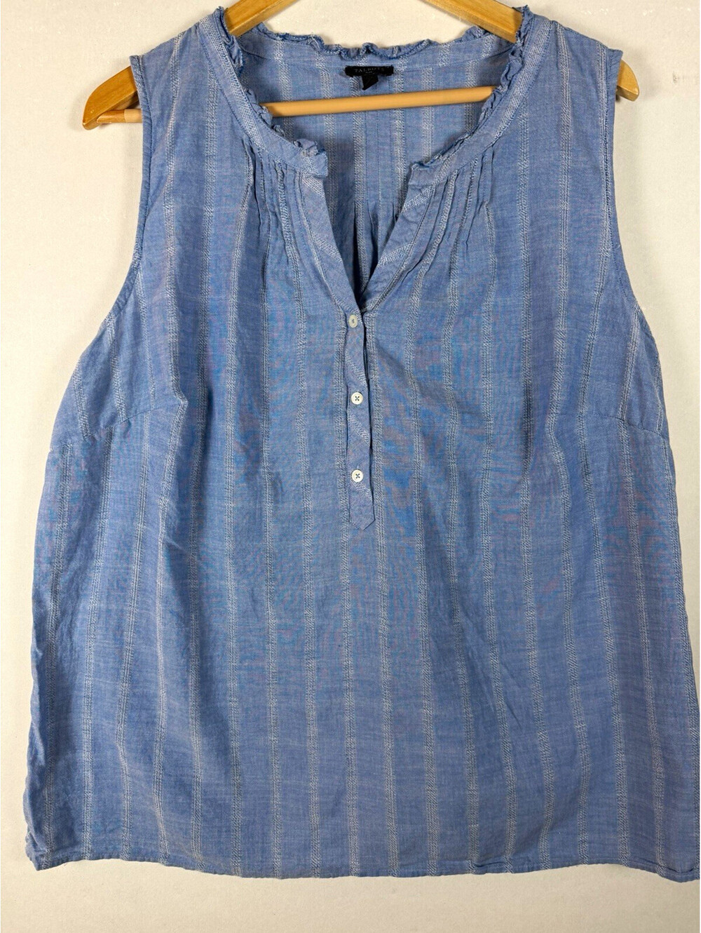 Talbots Blue Striped Woven Cotton Blend V-Neck Button Tank Top Plus 2X
